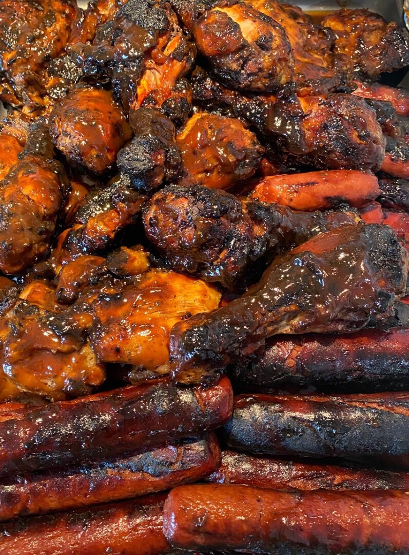 A close up of some meat and other food