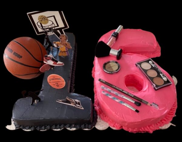 A basketball and makeup cake for a birthday