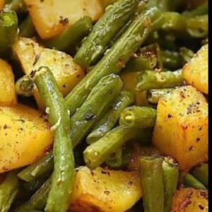 A close up of potatoes and green beans