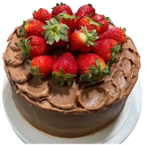 A chocolate cake with strawberries on top of it.