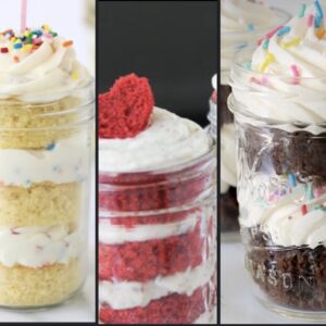 Three different types of cakes in a jar.