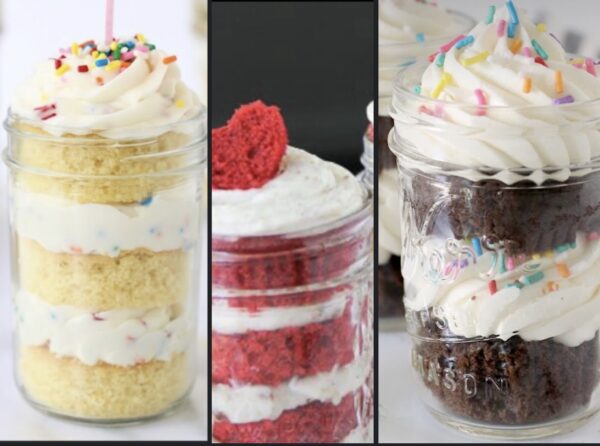 Three different types of cakes in a jar.